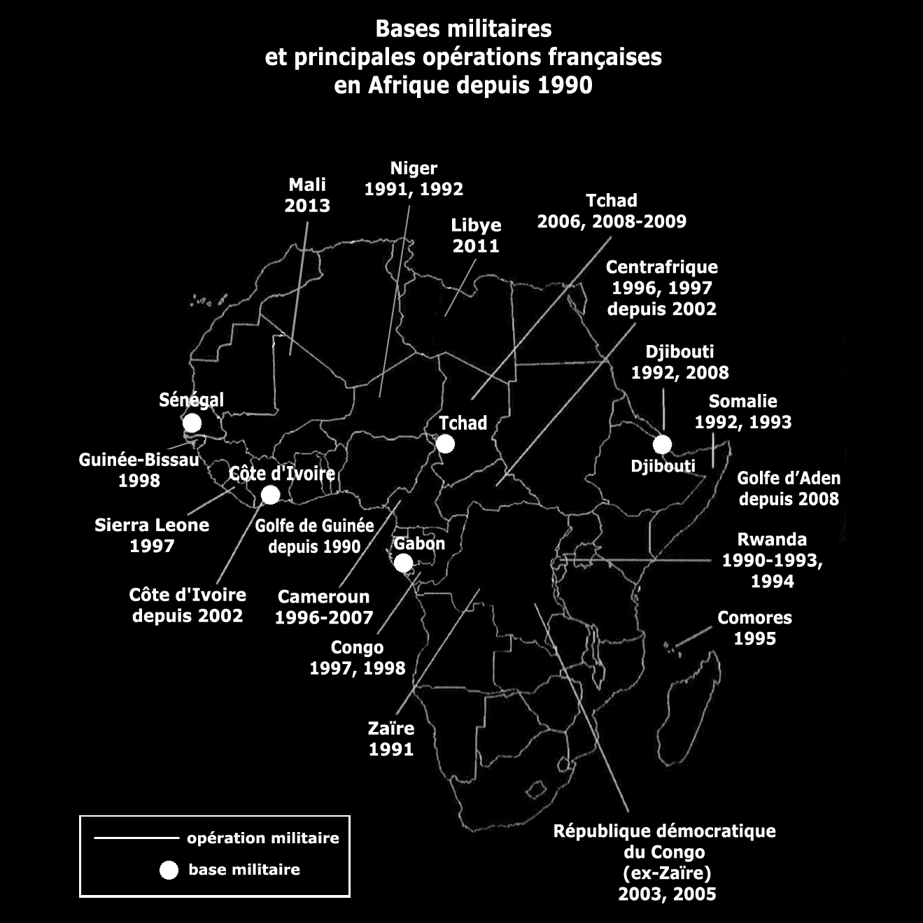 Bases militaires et principales opérations françaises en Afrique depuis 1990